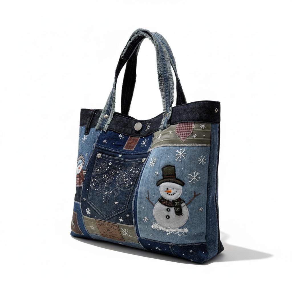 Handmade Upcycled Denim Tote – Snowman Patchwork Winter Bag