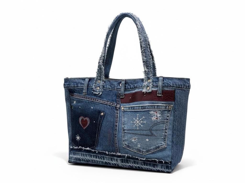 Grinch Christmas Patchwork upcycle Denim Tote Bag – Handmade – One of a Kind