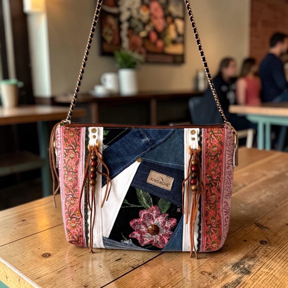 Boho Patchwork Crossbody Bag | Denim and Floral | Chain & Leather Strap