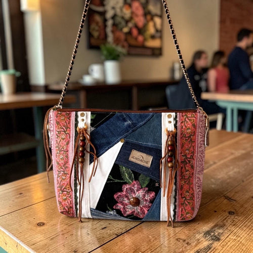Boho Patchwork Crossbody Bag | Denim and Floral | Chain & Leather Strap