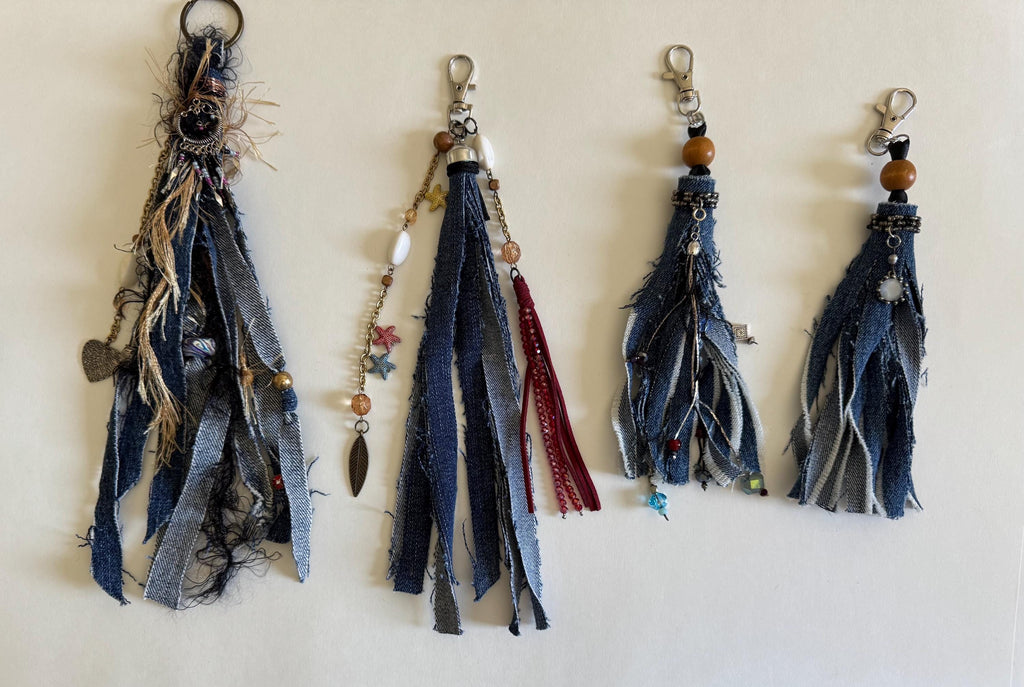 Boho Denim Tassel Charm: Handmade Crystal & Bead Bag Accessory