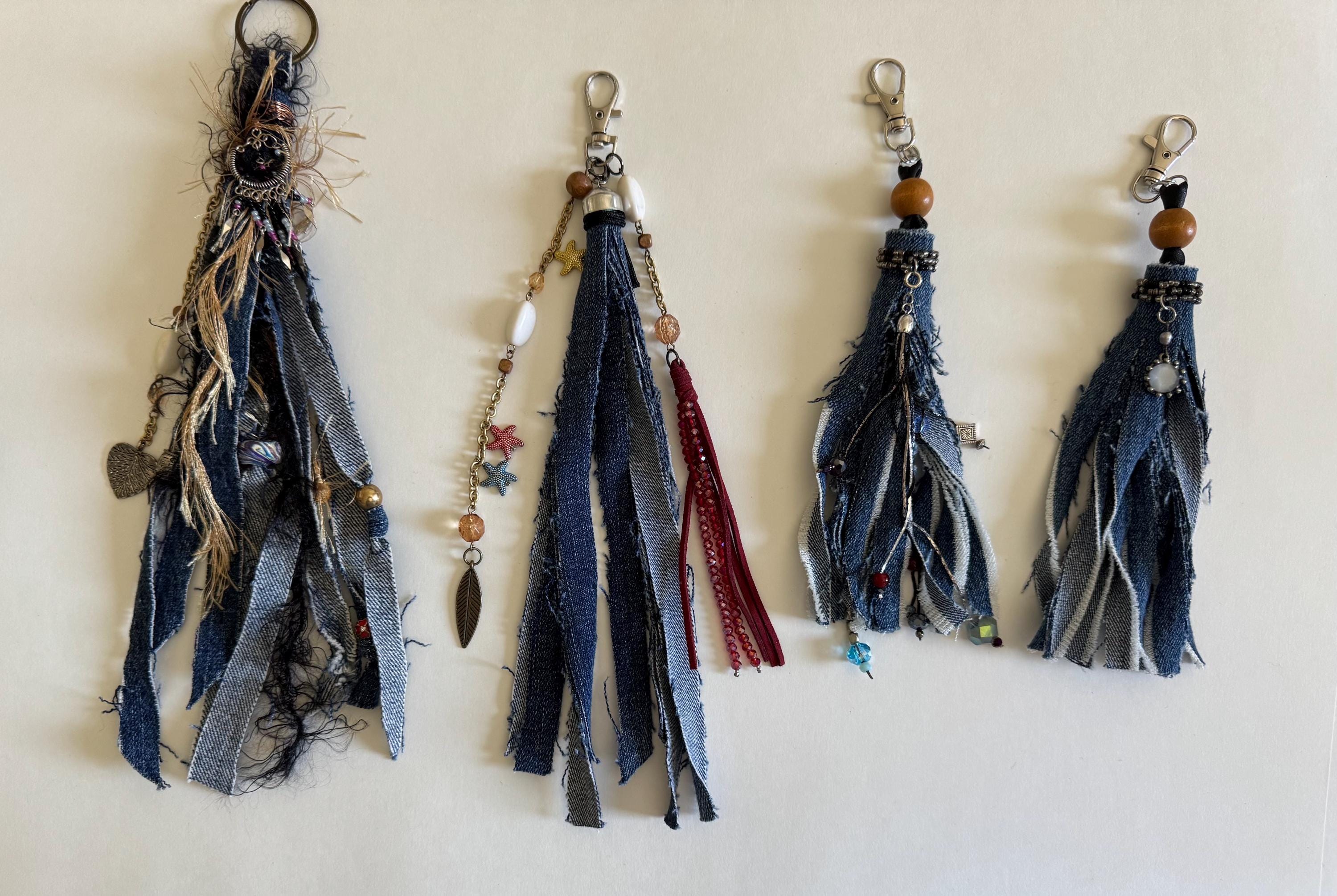 Boho Denim Tassel Charm: Handmade Crystal & Bead Bag Accessory
