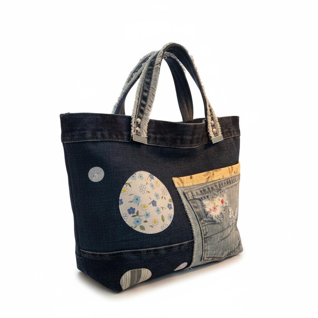 Patchwork Denim Tote Bag, Upcycled Jeans Heart Appliqué Purse, Boho Handbag