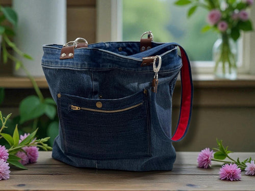 Boho Patchwork Denim Tote Bag-Handmade Upcycled Cotton Jean Purse & Embroidery