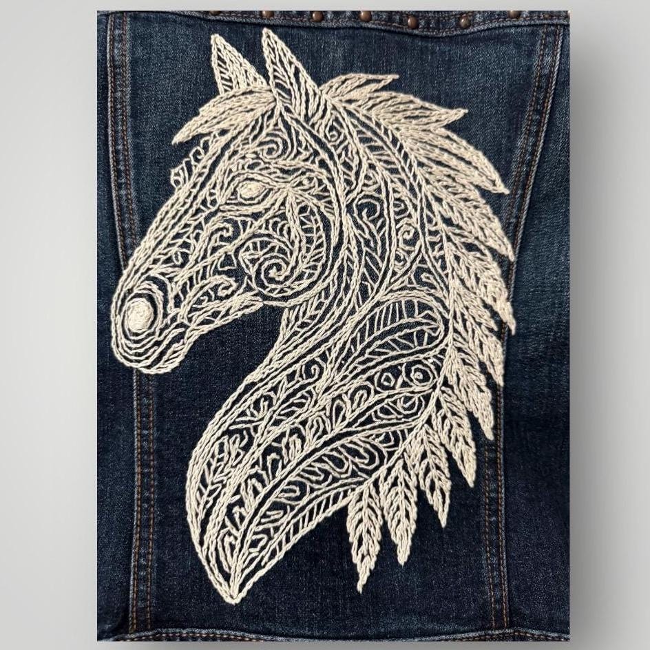 Hand Embroidered Horse Denim Jacket: Upcycled Boho Western Wear