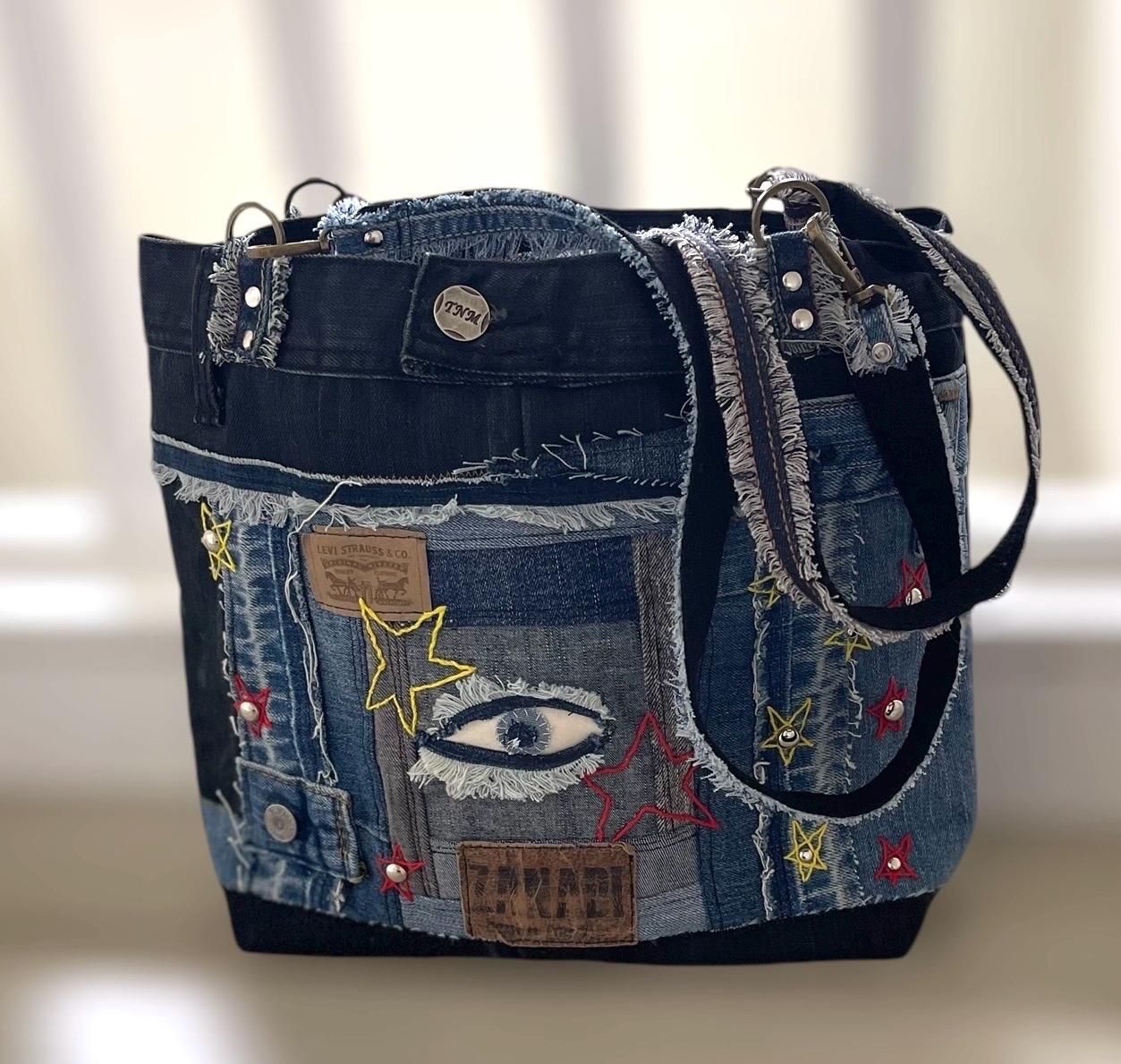 Denim patchwork shoulder bag-tote bag upcycled jeans boho bag