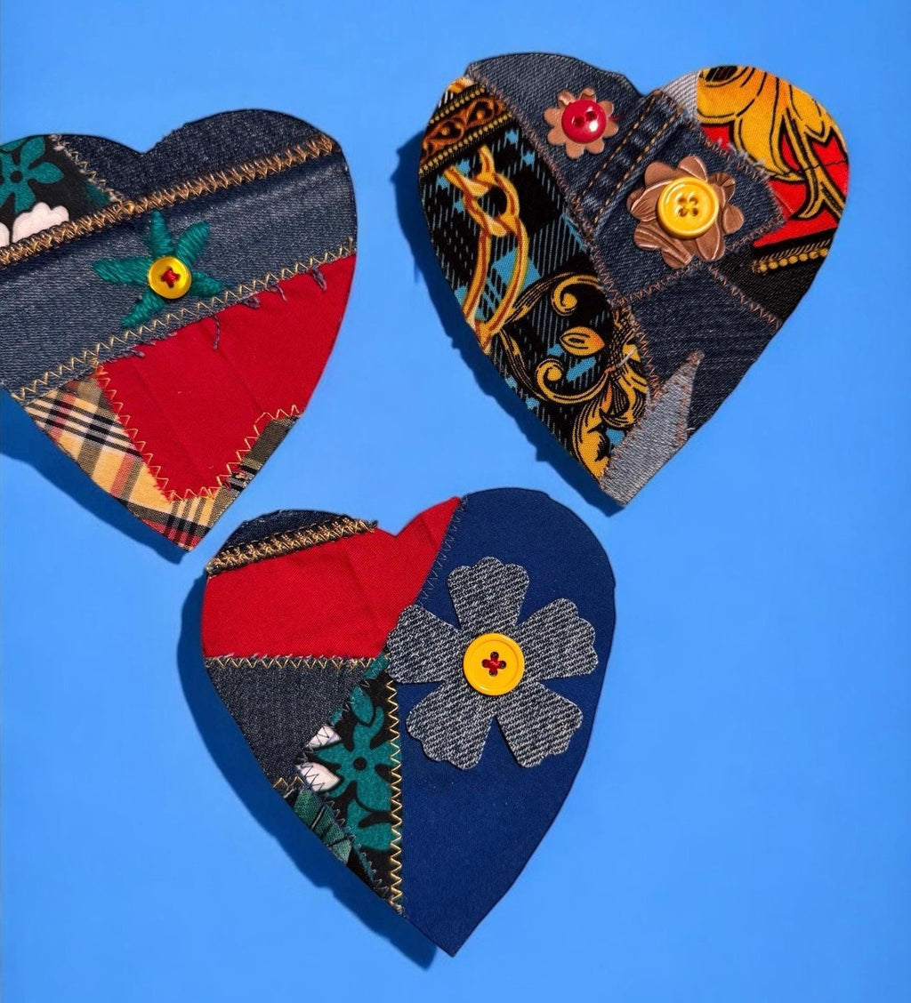 Handmade Upcycled Denim Heart Patch: Sew-On Applique with Leather & Cotton