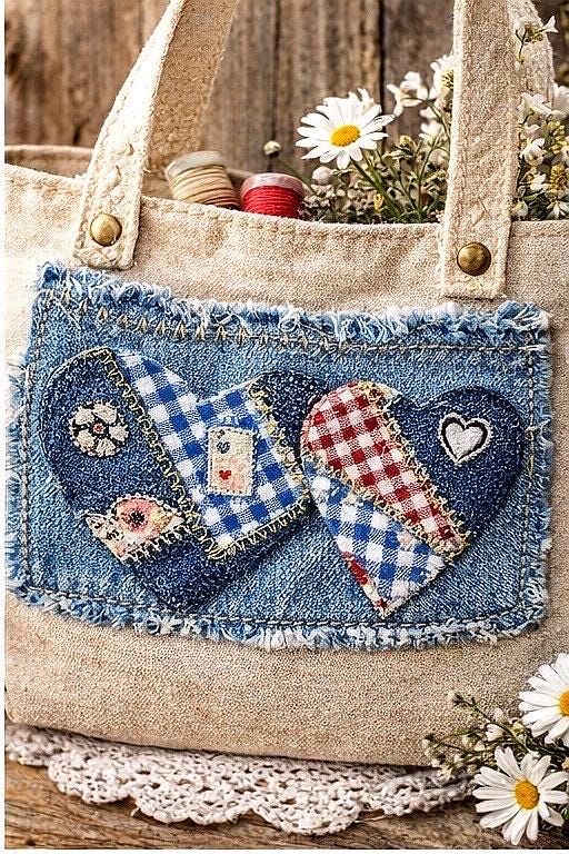 Handmade Denim Heart Patches – Upcycled Patchwork Appliqué for Jackets, Jeans, Bags