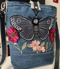 Upcycled Denim Crossbody Bag – Hand-Embroidered Moth Floral Patchwork Bag