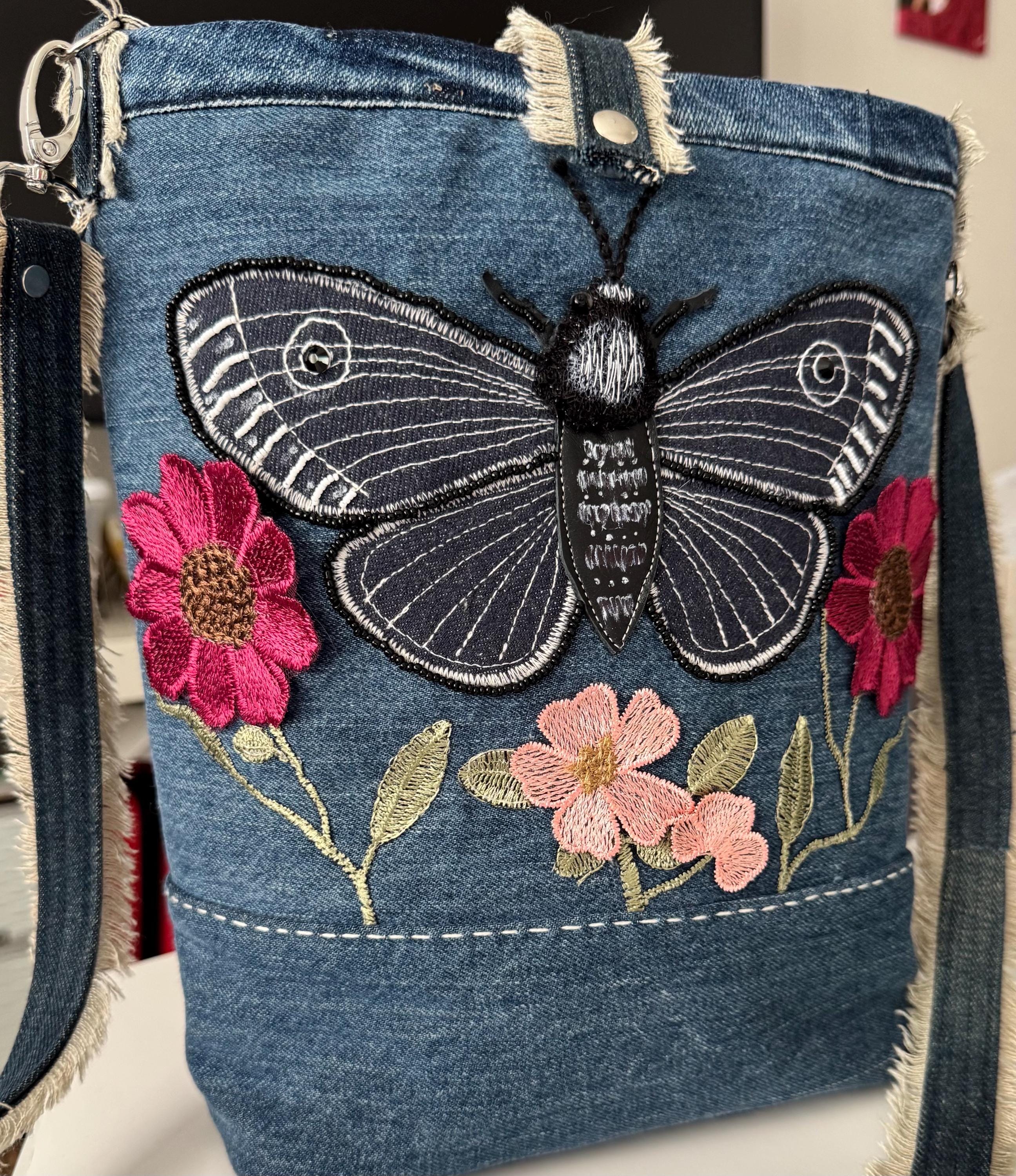 Upcycled Denim Crossbody Bag – Hand-Embroidered Moth Floral Patchwork Bag