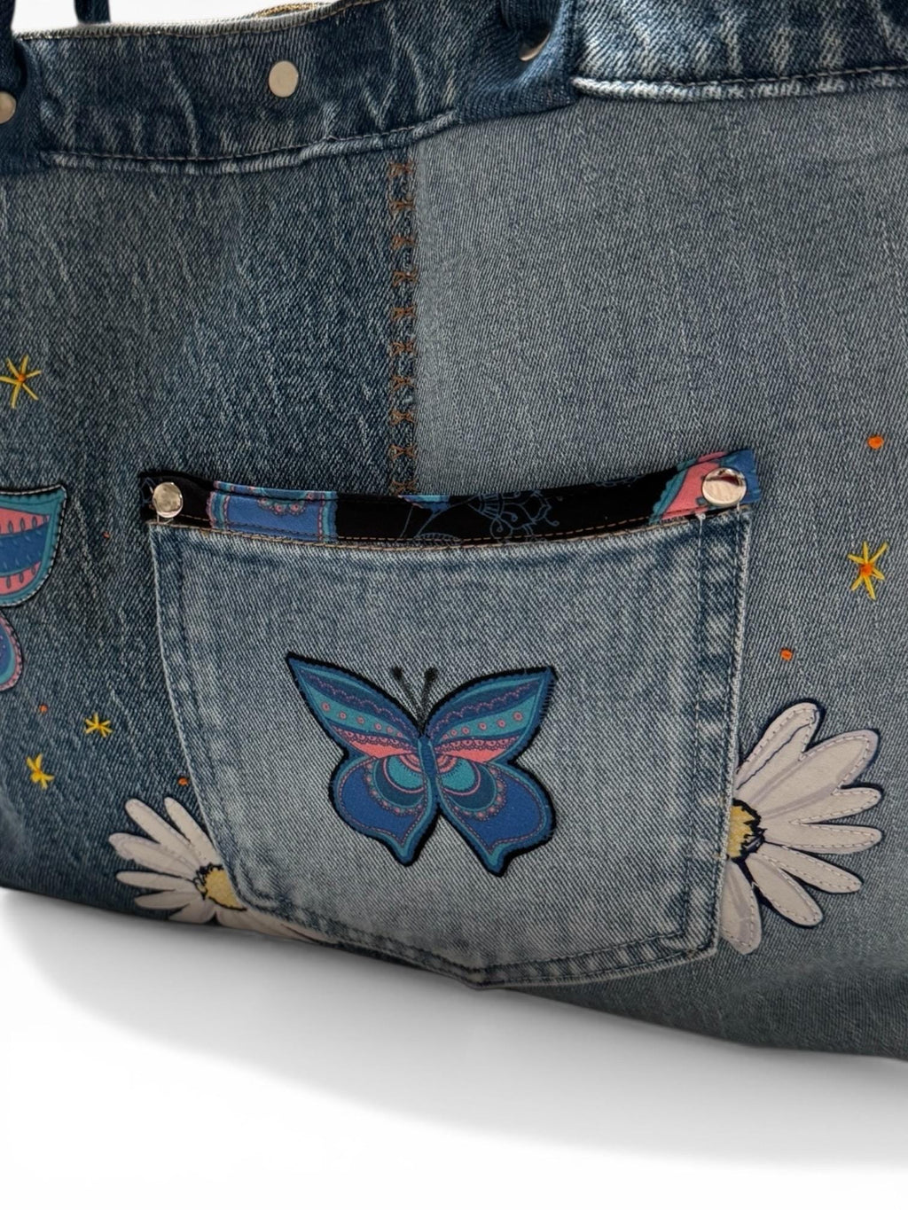 Patchwork Denim Butterfly Tote Bag – Upcycled Jeans Handbag, Floral Applique Purse