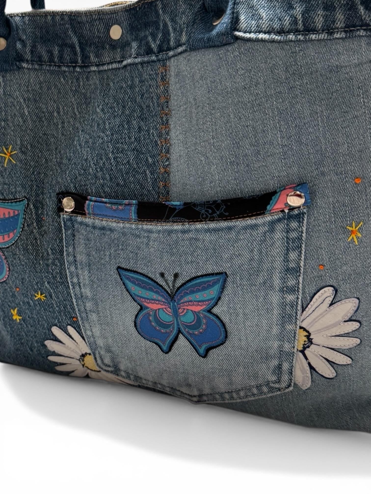 Patchwork Denim Butterfly Tote Bag – Upcycled Jeans Handbag, Floral Applique Purse