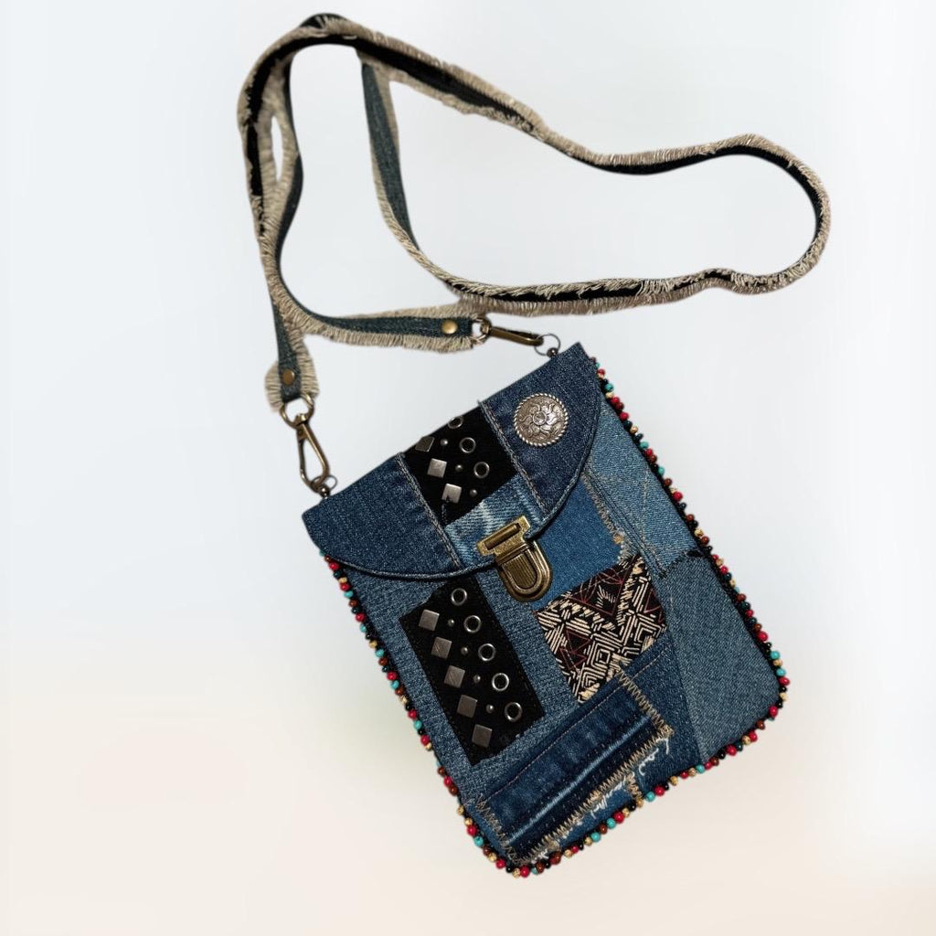 Upcycled Denim Crossbody Bag – Patchwork Design with Beaded Trim