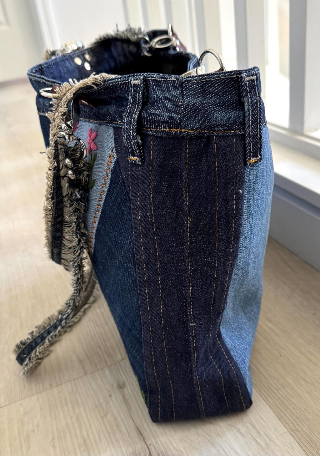 Embroidered Floral Denim Shoulder Bag: Upcycled Patchwork Tote