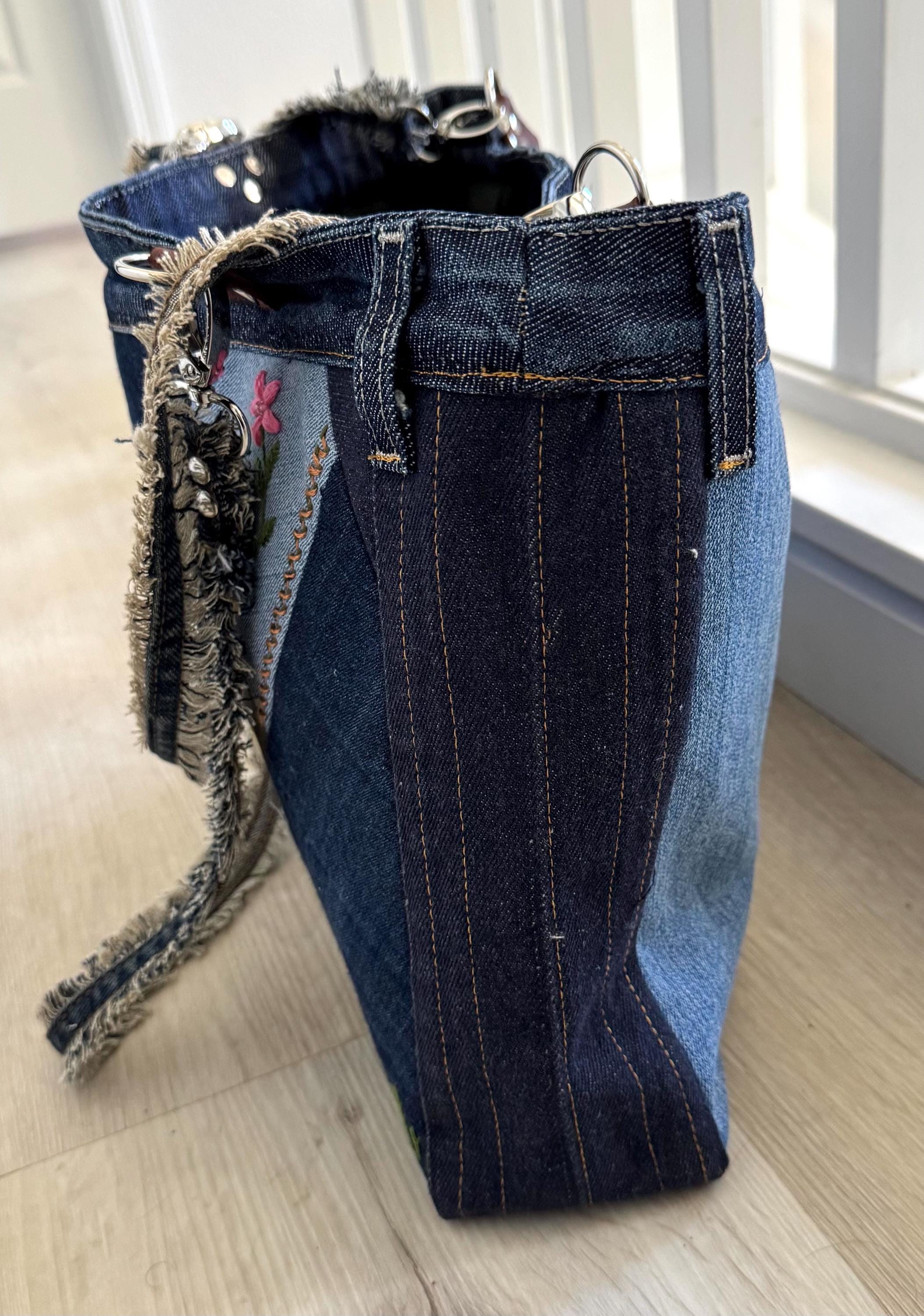 Embroidered Floral Denim Shoulder Bag: Upcycled Patchwork Tote