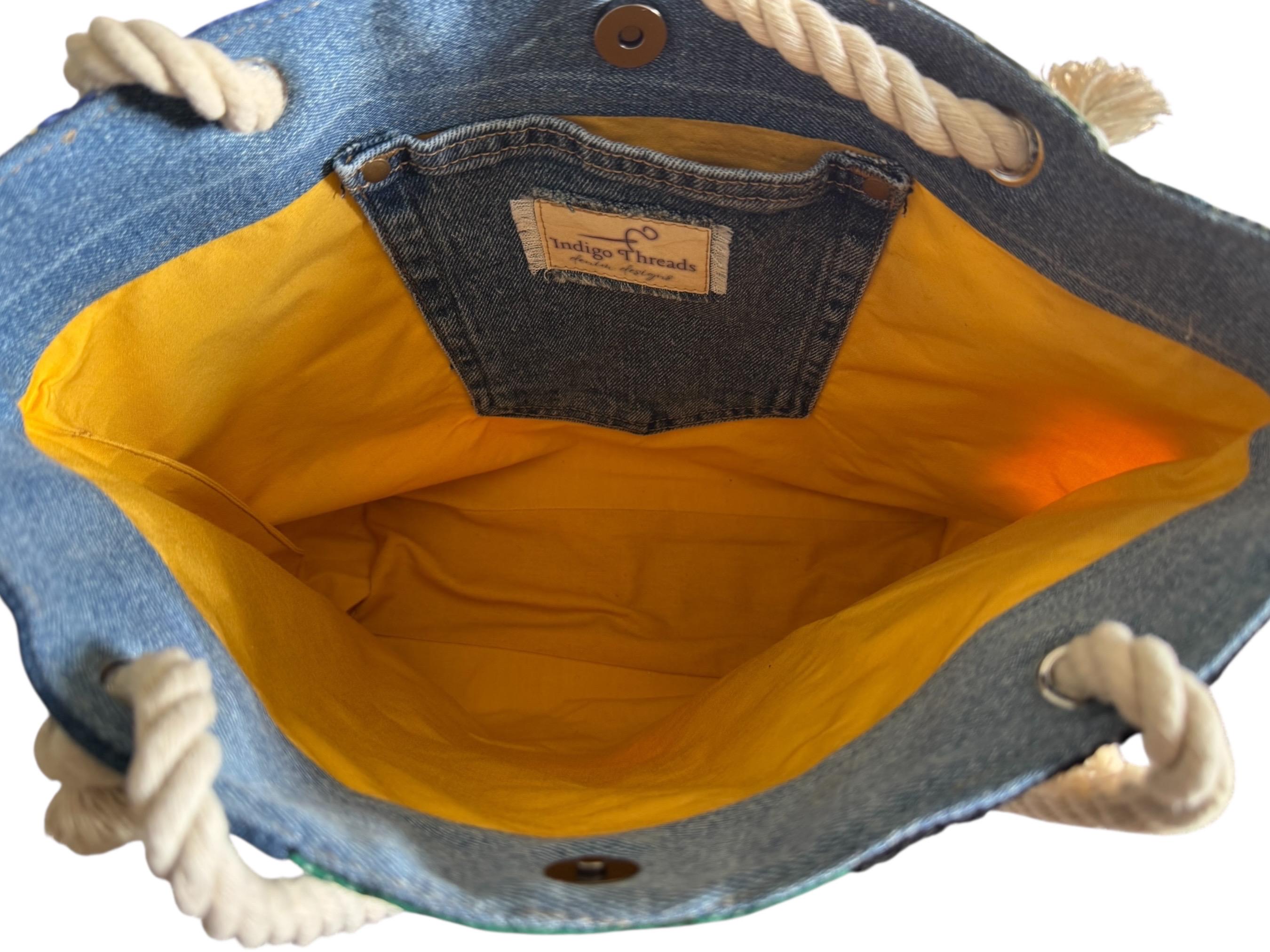 Tropical Patchwork Denim Tote Bag – Upcycled Beach Bag with Rope Handles