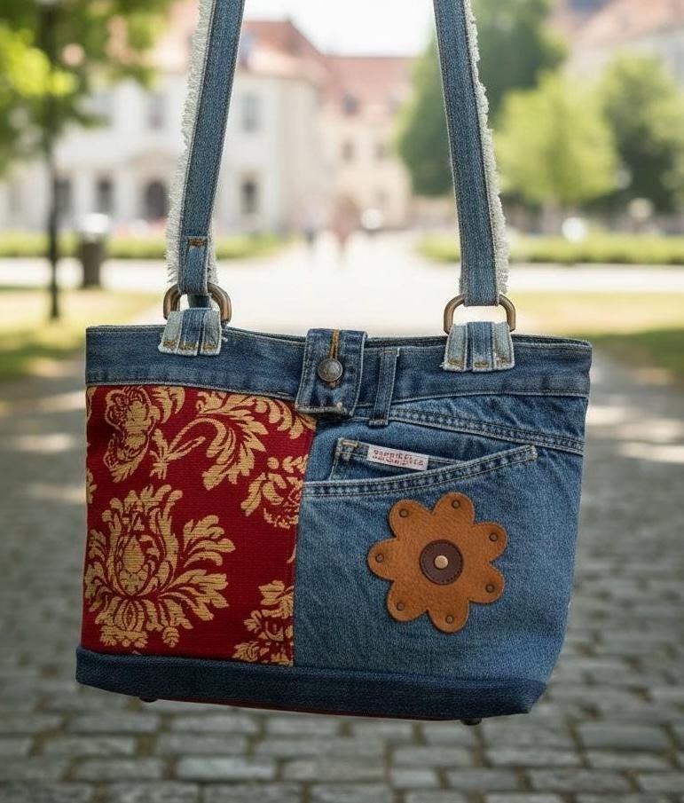 Upcycled Denim Patchwork Shoulder Bag | Leather Bottom Boho Tote Purse