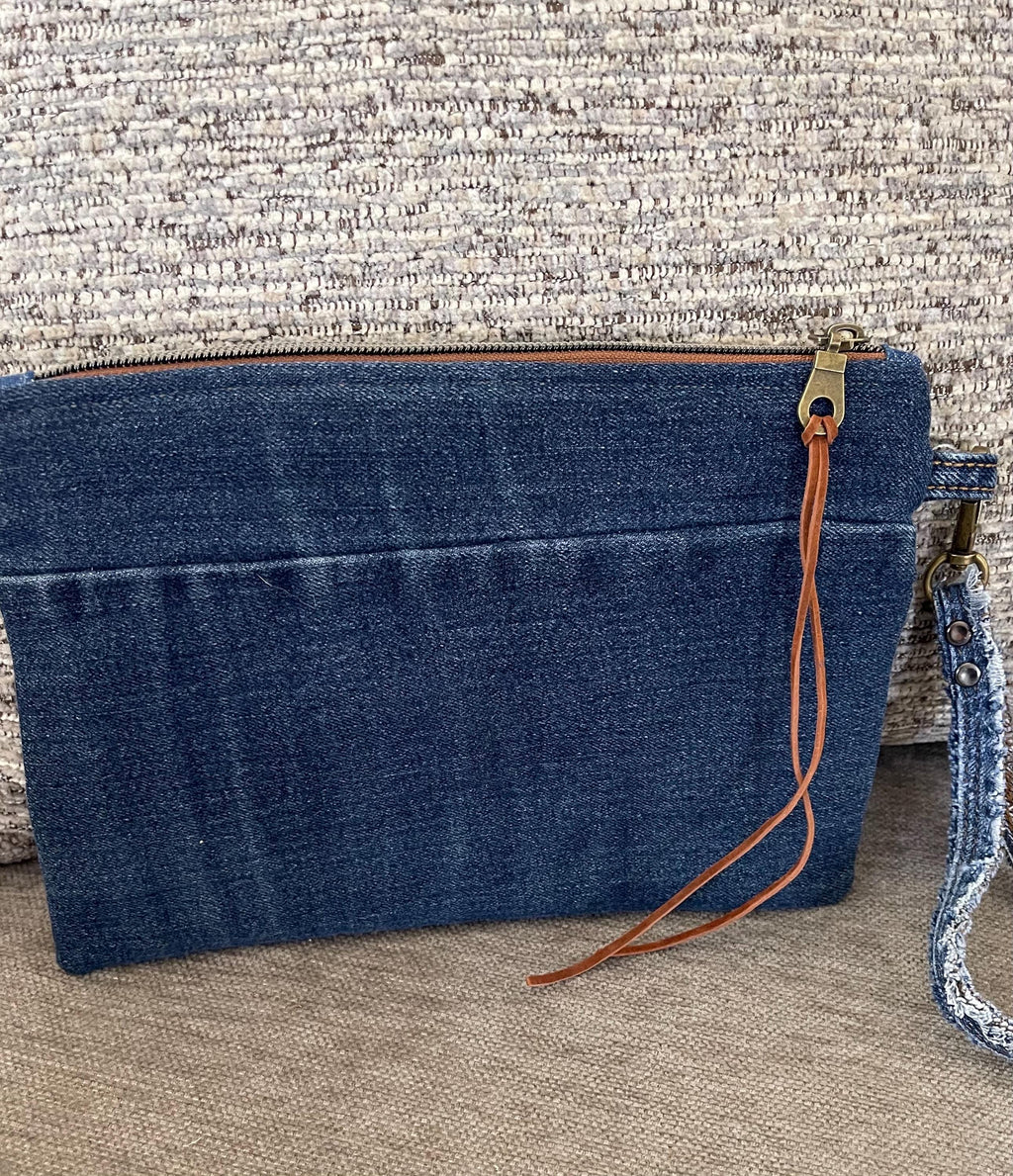 Boho Denim Patchwork Clutch Wristlet: Upcycled Jeans, Inside Pocket
