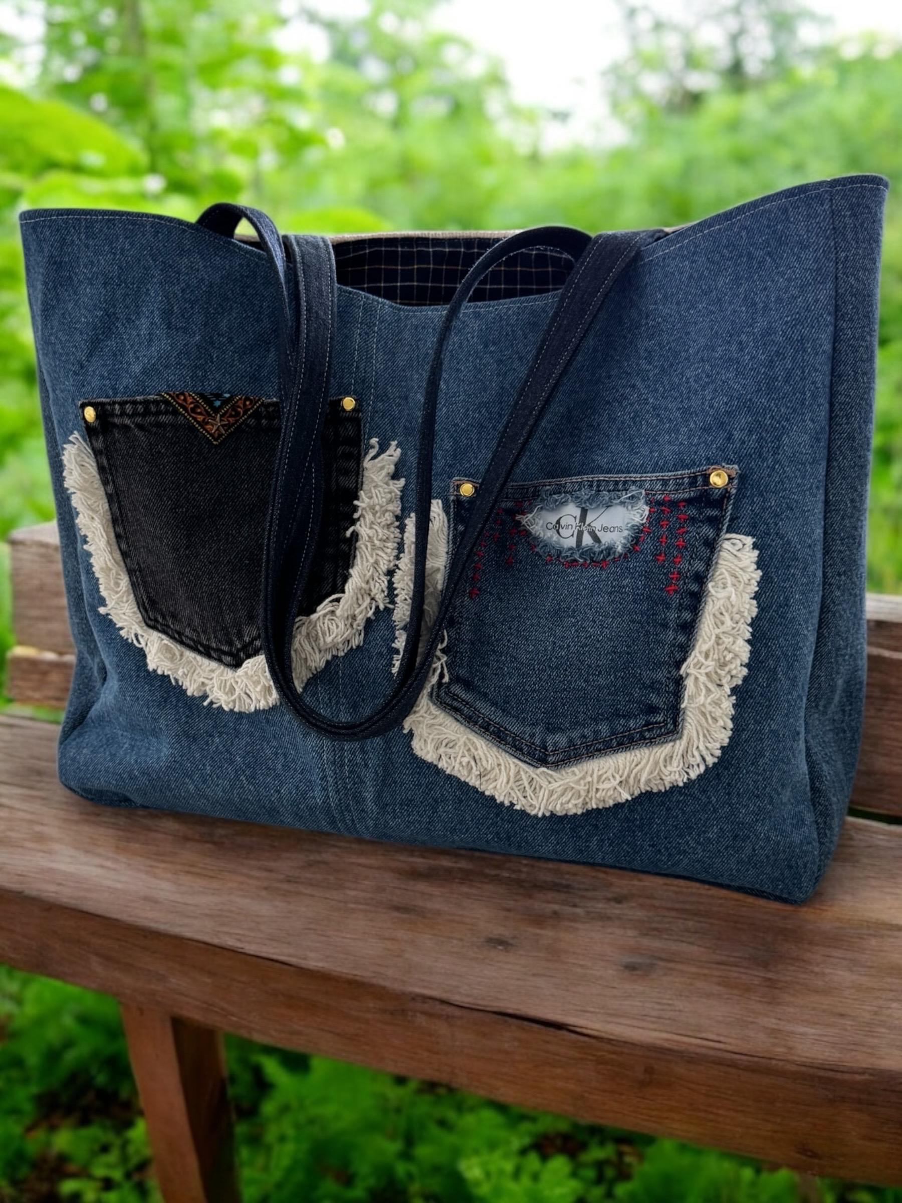 Denim patchwork large beaded embroidery shoulder bag-tote bag upcycled jeans boho chic bag