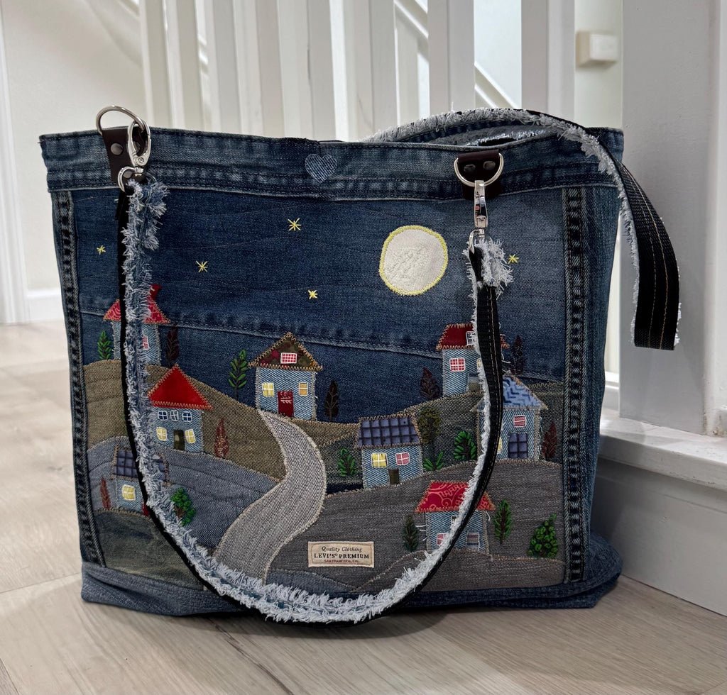 Denim Tote Bag-Handmade One-of-a-Kind  — “Moonlight Village” Patchwork Design by Indigo Threads