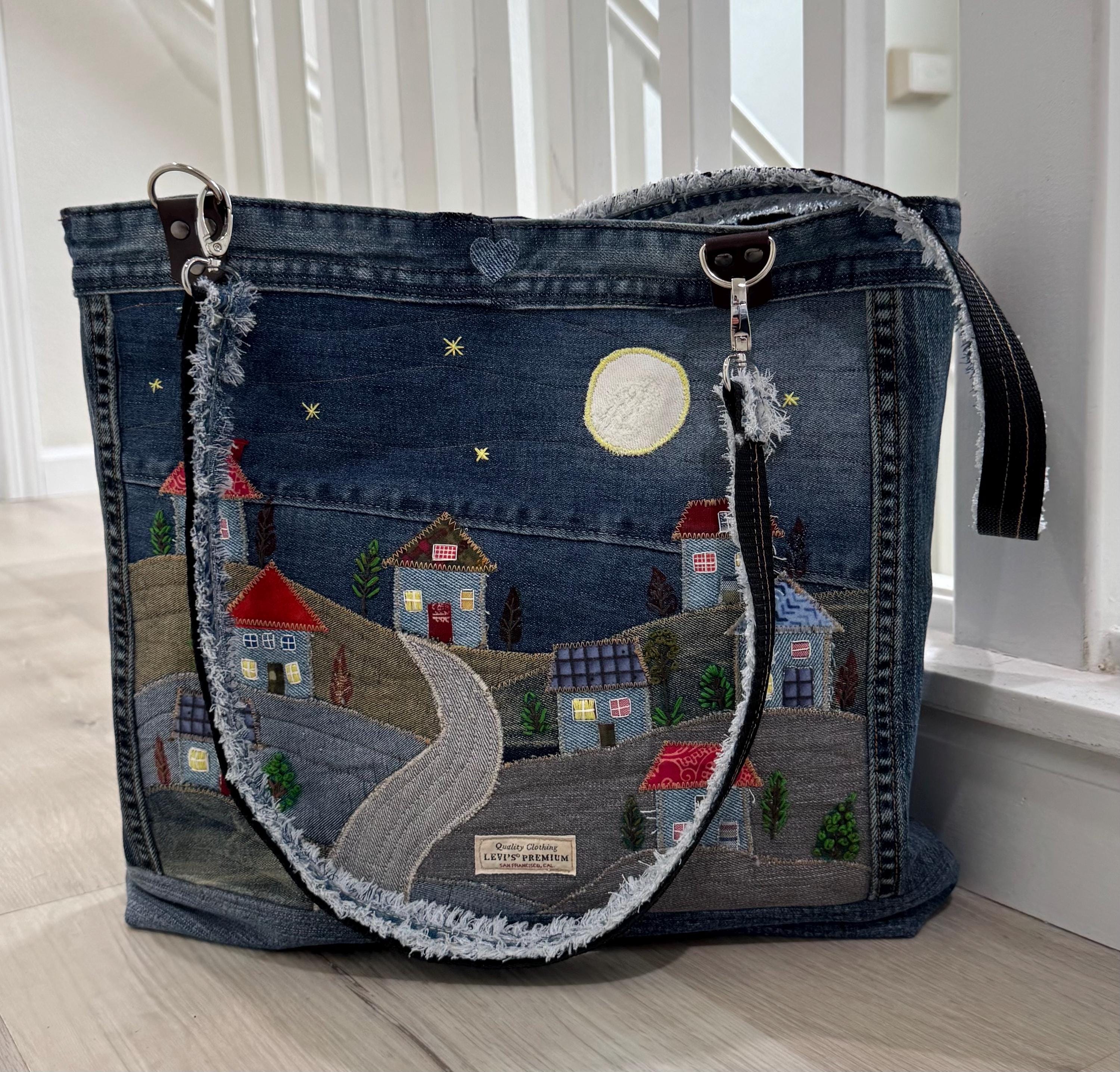 Denim Tote Bag-Handmade One-of-a-Kind  — “Moonlight Village” Patchwork Design by Indigo Threads