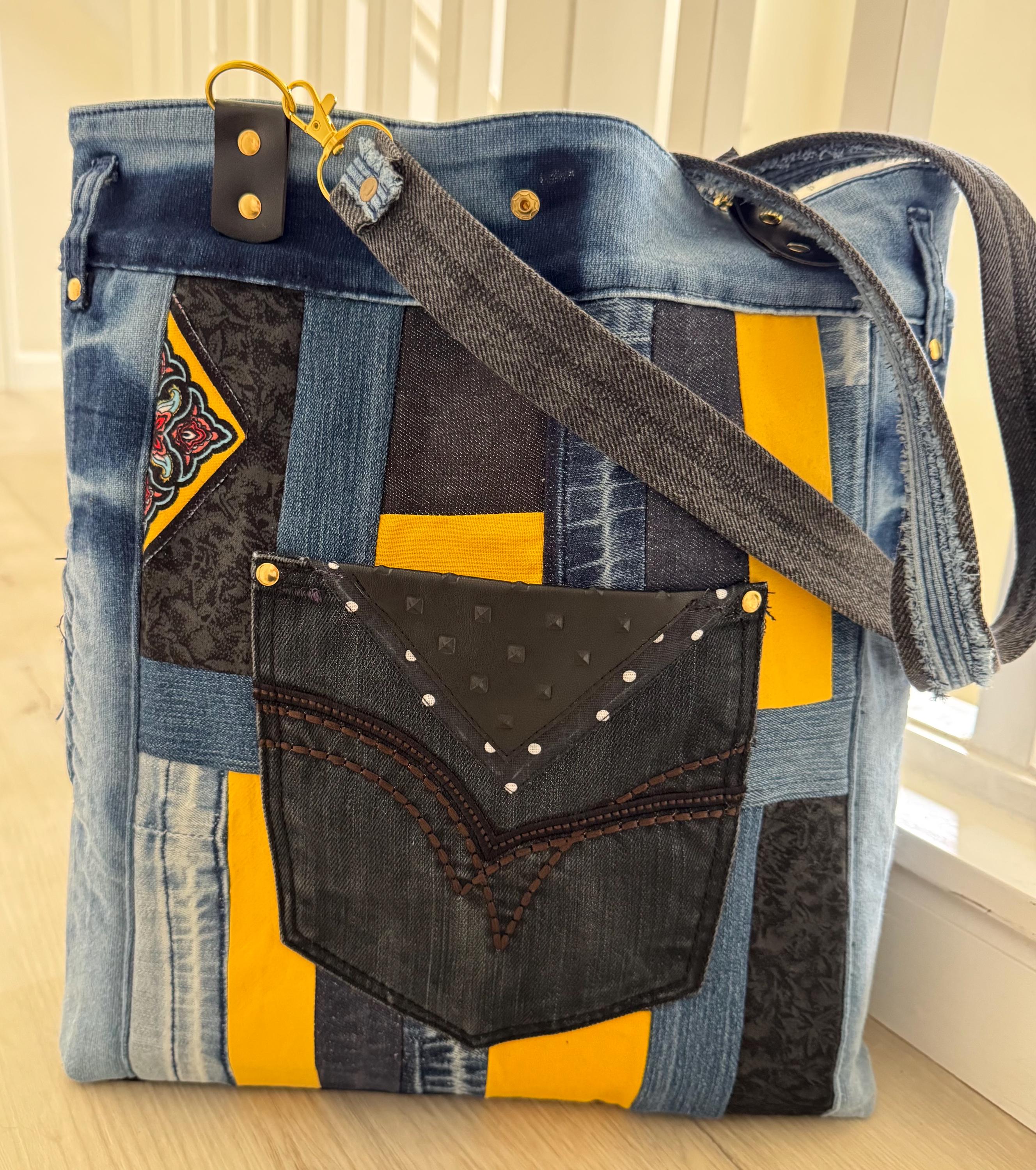 Handmade Upcycled Denim Tote: Embroidered "Little Devil Girl" Boho Bag