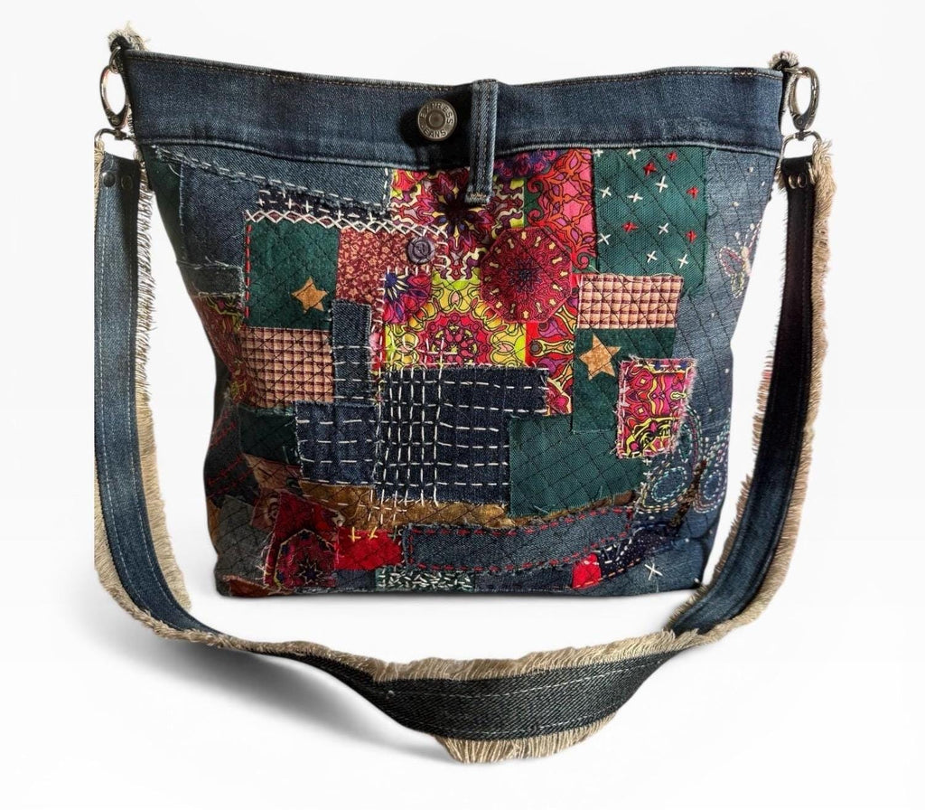 Upcycled Denim Patchwork Crossbody Bag | Sashiko Boro Inspired Boho Purse