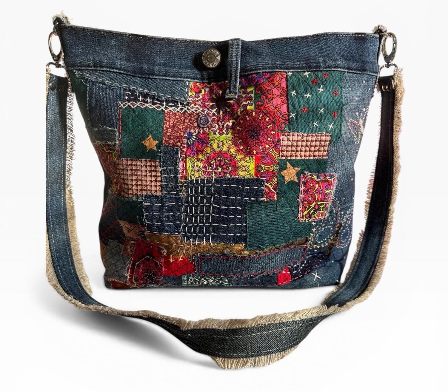 Upcycled Denim Patchwork Crossbody Bag | Sashiko Boro Inspired Boho Purse