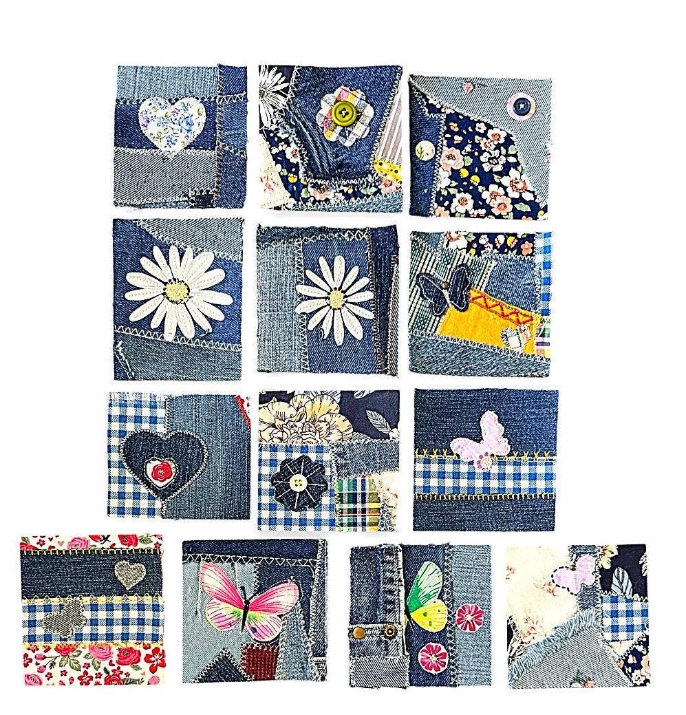 Handmade Denim Patches 4x4, Sew-On Appliqué, Upcycled Patchwork