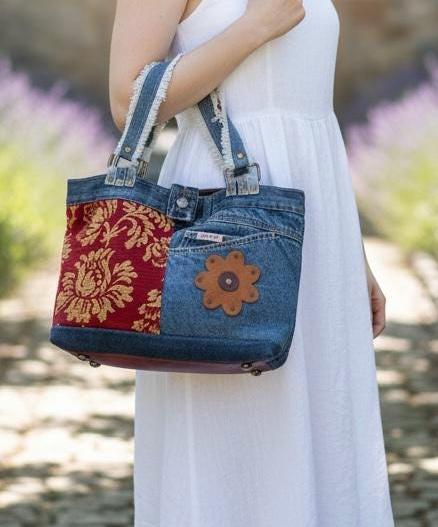 Upcycled Denim Patchwork Shoulder Bag | Leather Bottom Boho Tote Purse