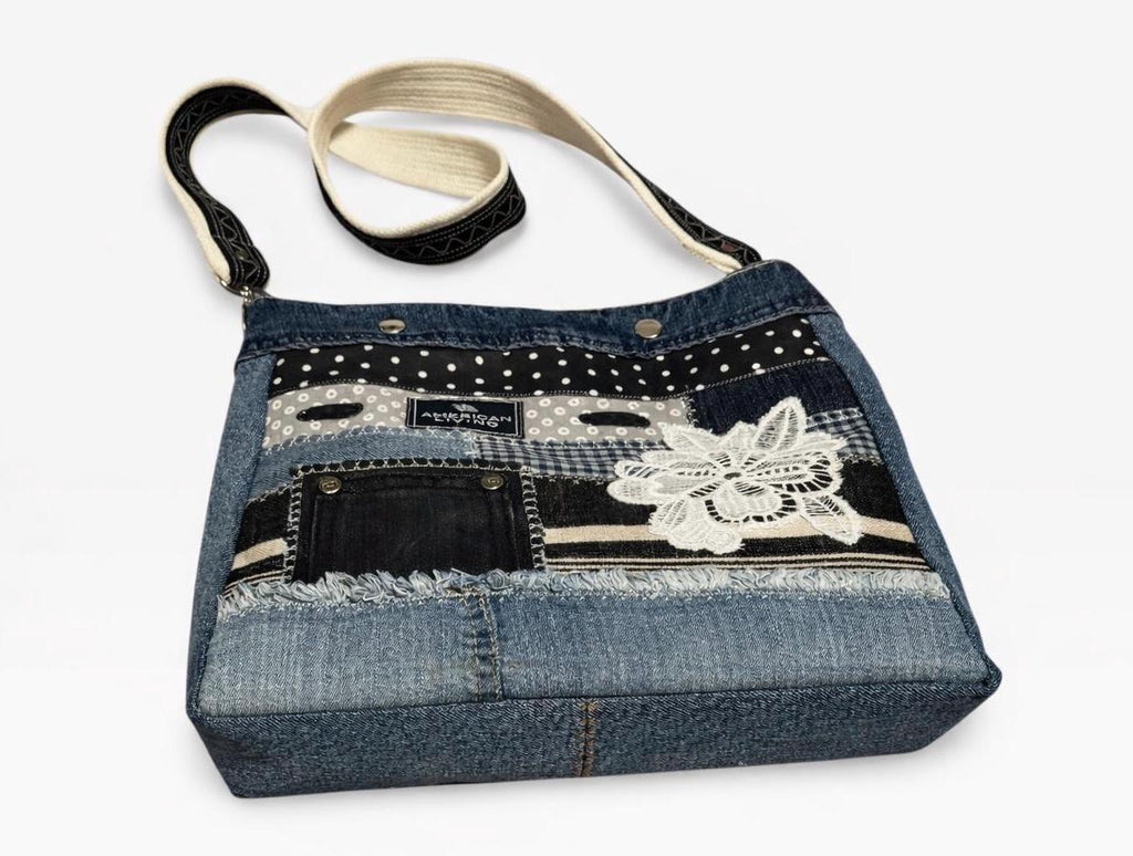 Upcycled Denim Patchwork Crossbody Bag | Boho Jean Purse with Lace Appliqué