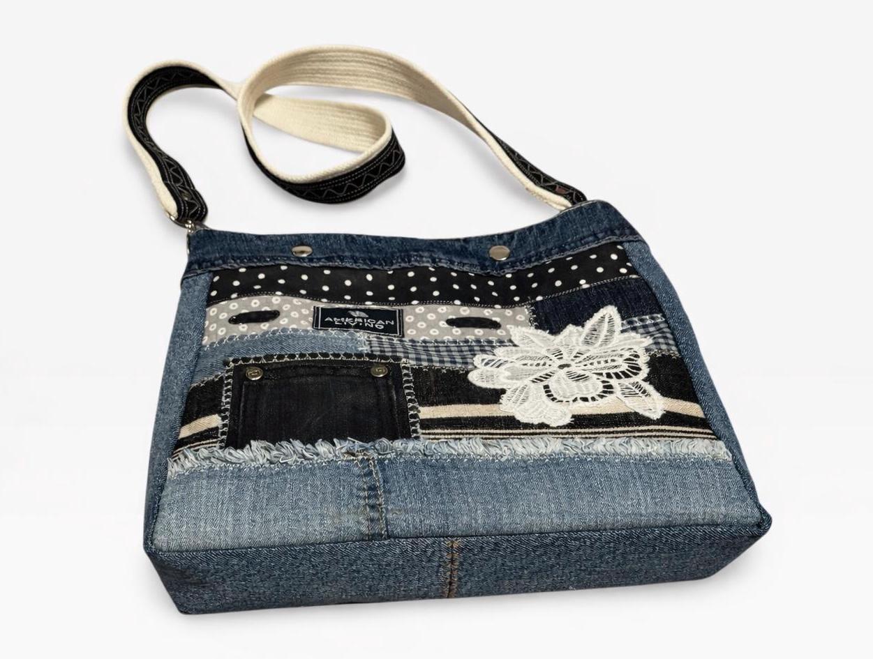 Upcycled Denim Patchwork Crossbody Bag | Boho Jean Purse with Lace Appliqué