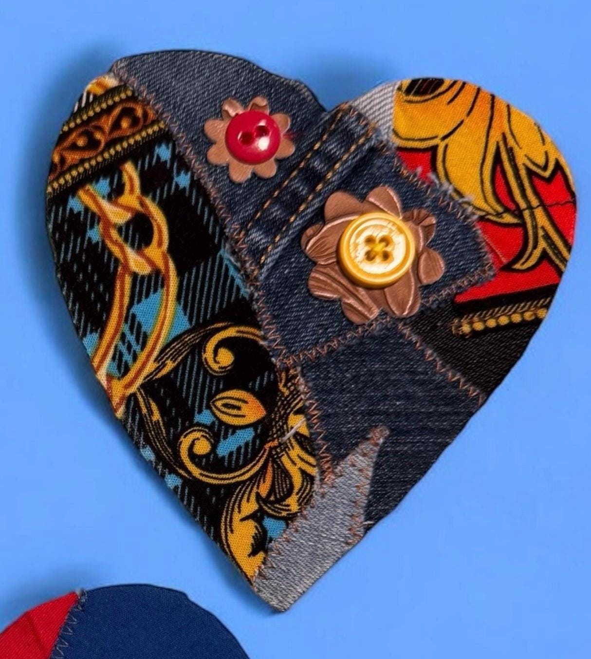 Handmade Upcycled Denim Heart Patch: Sew-On Applique with Leather & Cotton