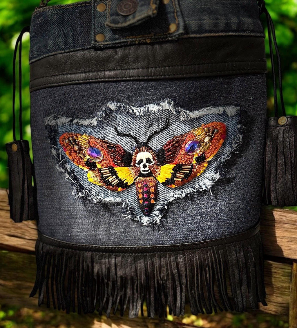 Handmade Denim Crossbody Bag – Embroidered Death Moth, Leather Fringe