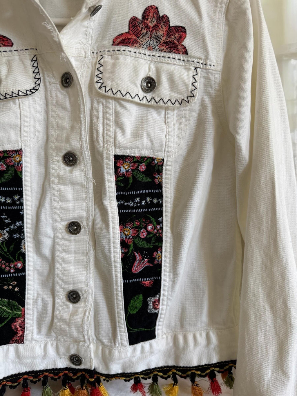 One-of-a-Kind White Distressed Denim Jacket – Patchwork, Sashiko Stitching & Tassel Embellishments – Small Size