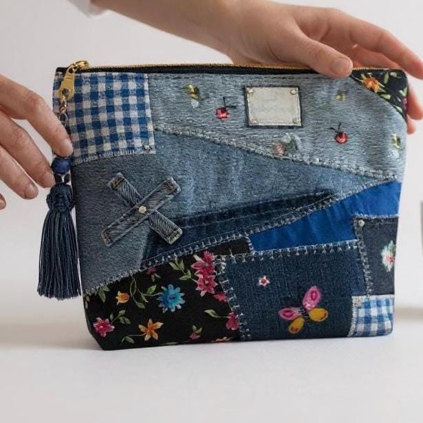 Upcycled Denim Patchwork Handbag, Floral Accents, Sustainable Jean Purse