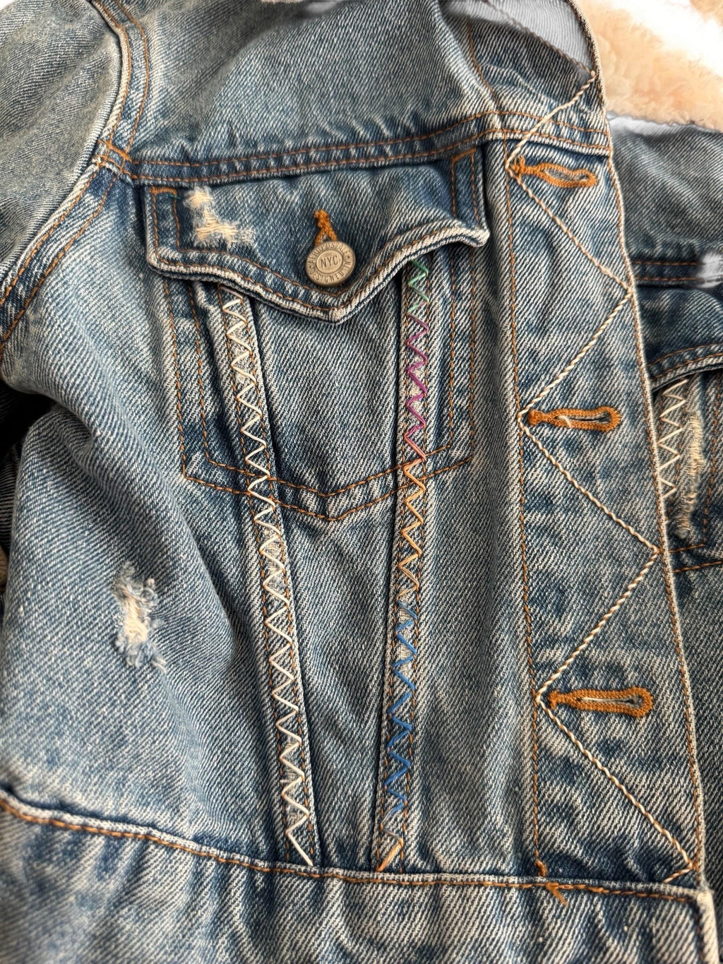 Cropped butterfly Hand-Embroidered Denim Jacket with Sherpa Collar – Small