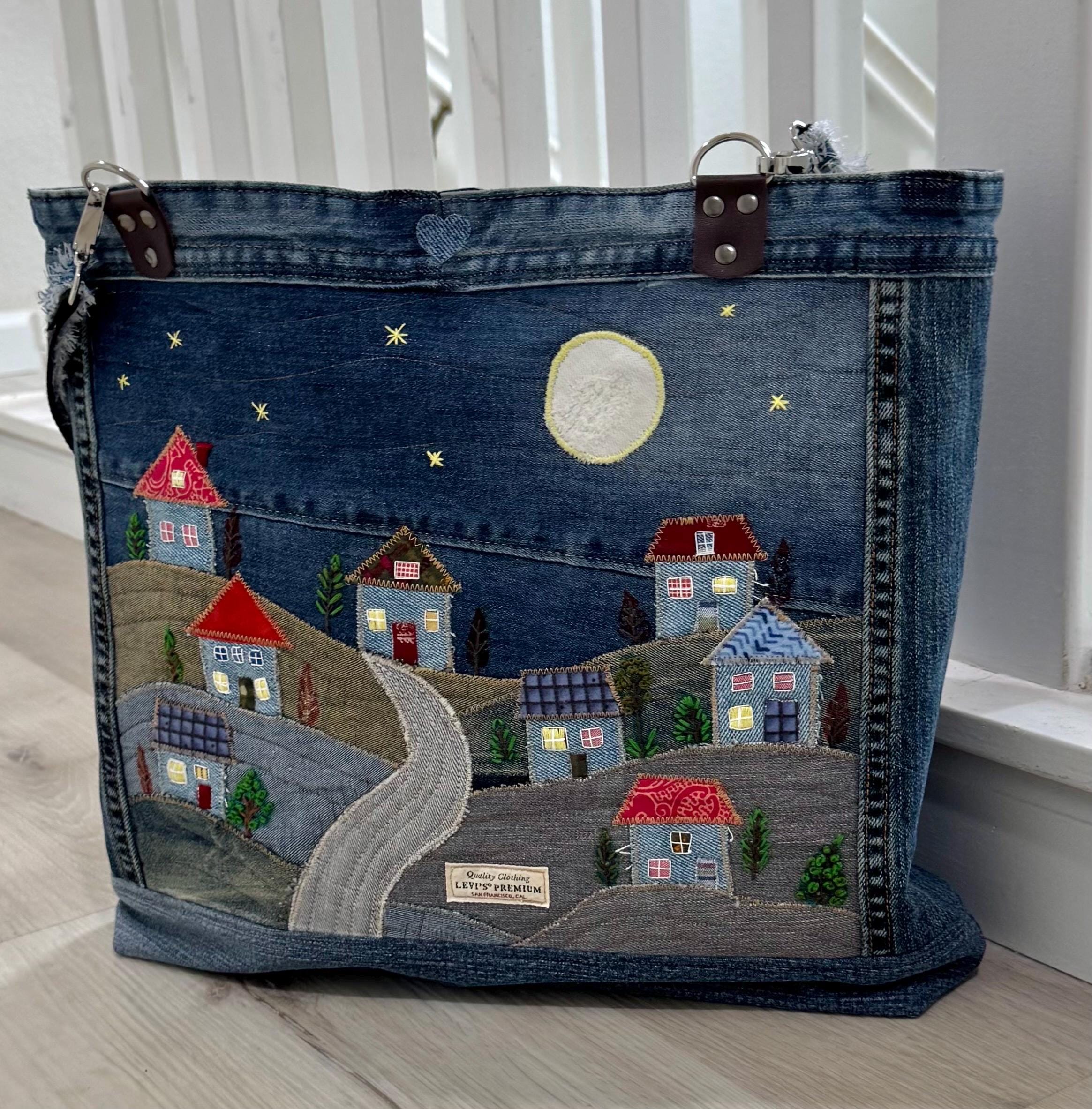 Denim Tote Bag-Handmade One-of-a-Kind  — “Moonlight Village” Patchwork Design by Indigo Threads