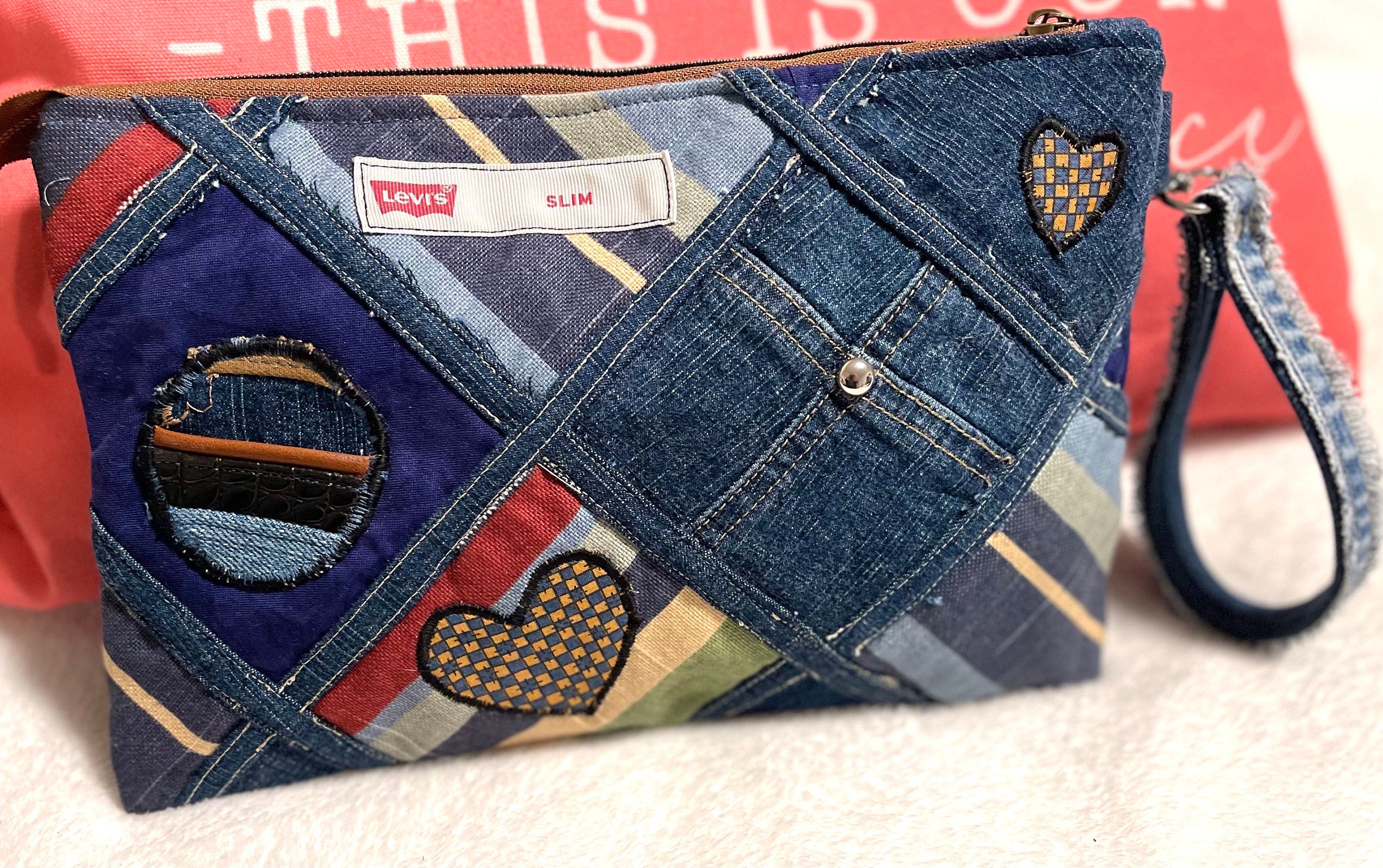 Denim Patchwork Clutch Wristlet: Upcycled Jeans, Boho Chic Bag