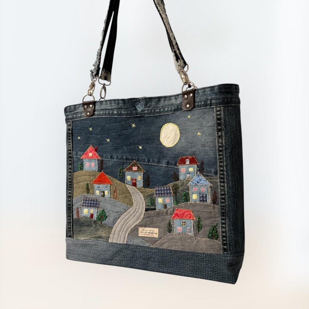 Denim Tote Bag-Handmade One-of-a-Kind  — “Moonlight Village” Patchwork Design by Indigo Threads