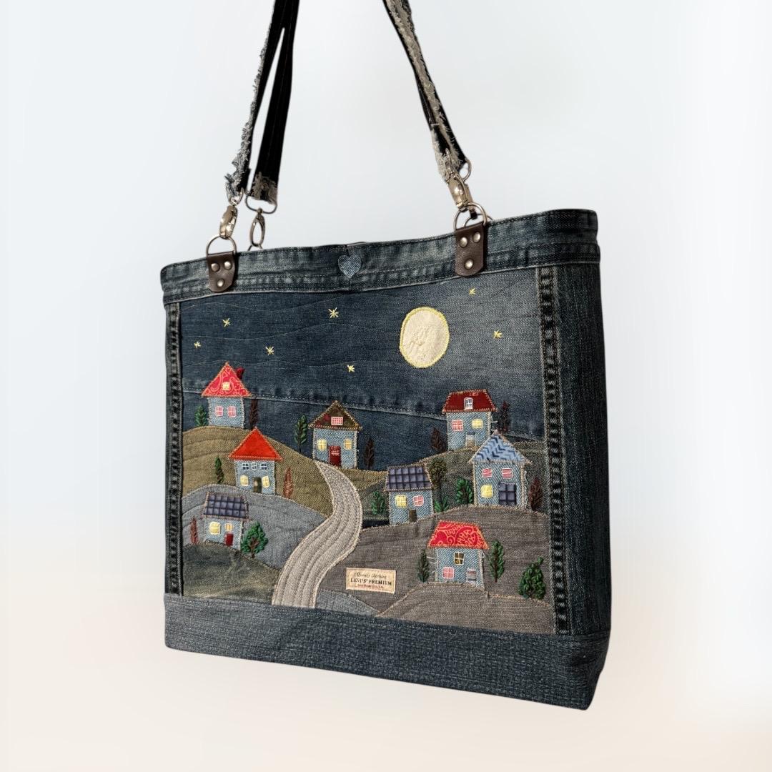 Denim Tote Bag-Handmade One-of-a-Kind  — “Moonlight Village” Patchwork Design by Indigo Threads