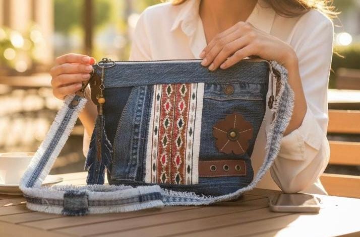 Upcycled Denim Crossbody Bag | Patchwork Boho Western Purse with Leather Flower