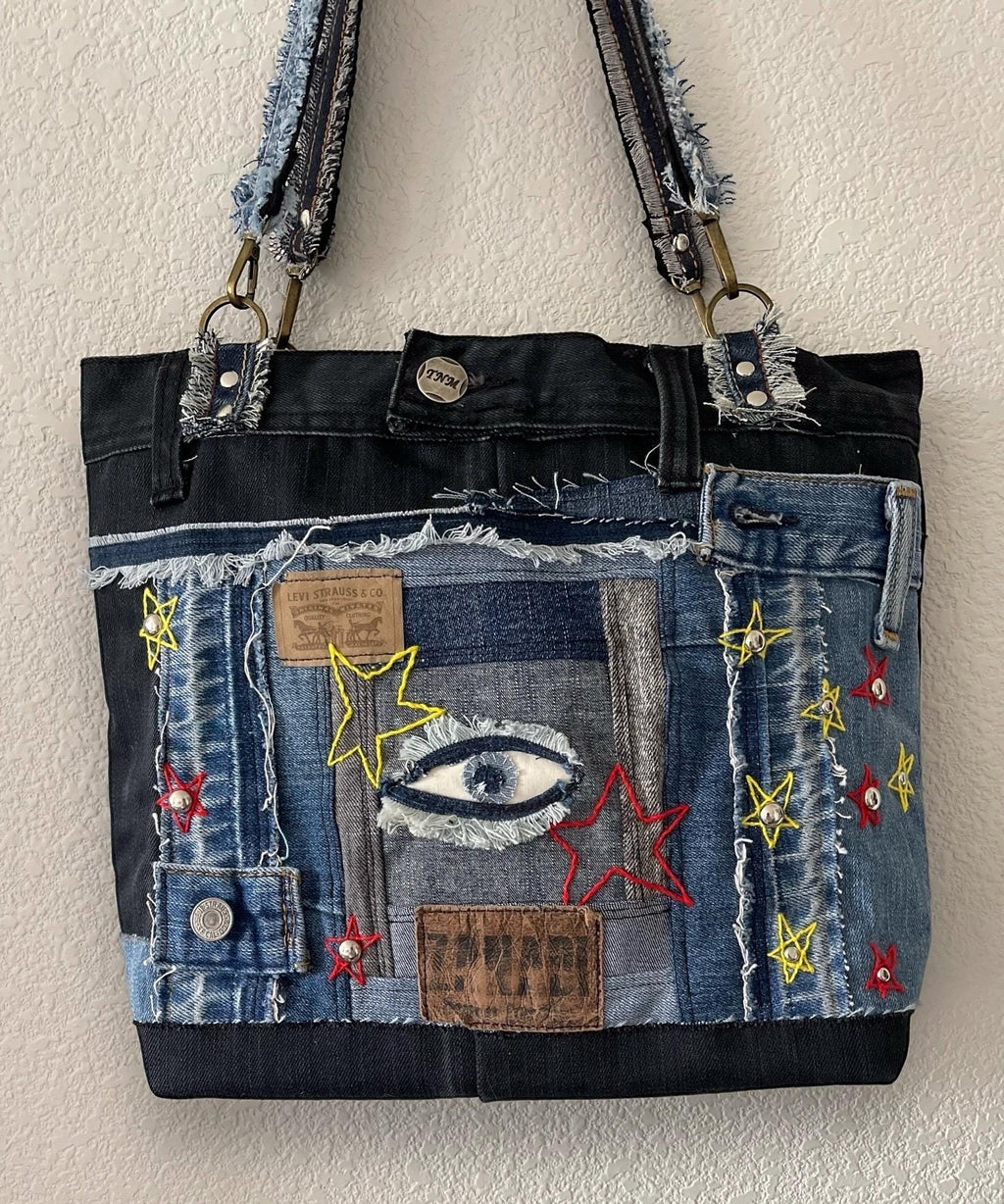 Denim patchwork shoulder bag-tote bag upcycled jeans boho bag