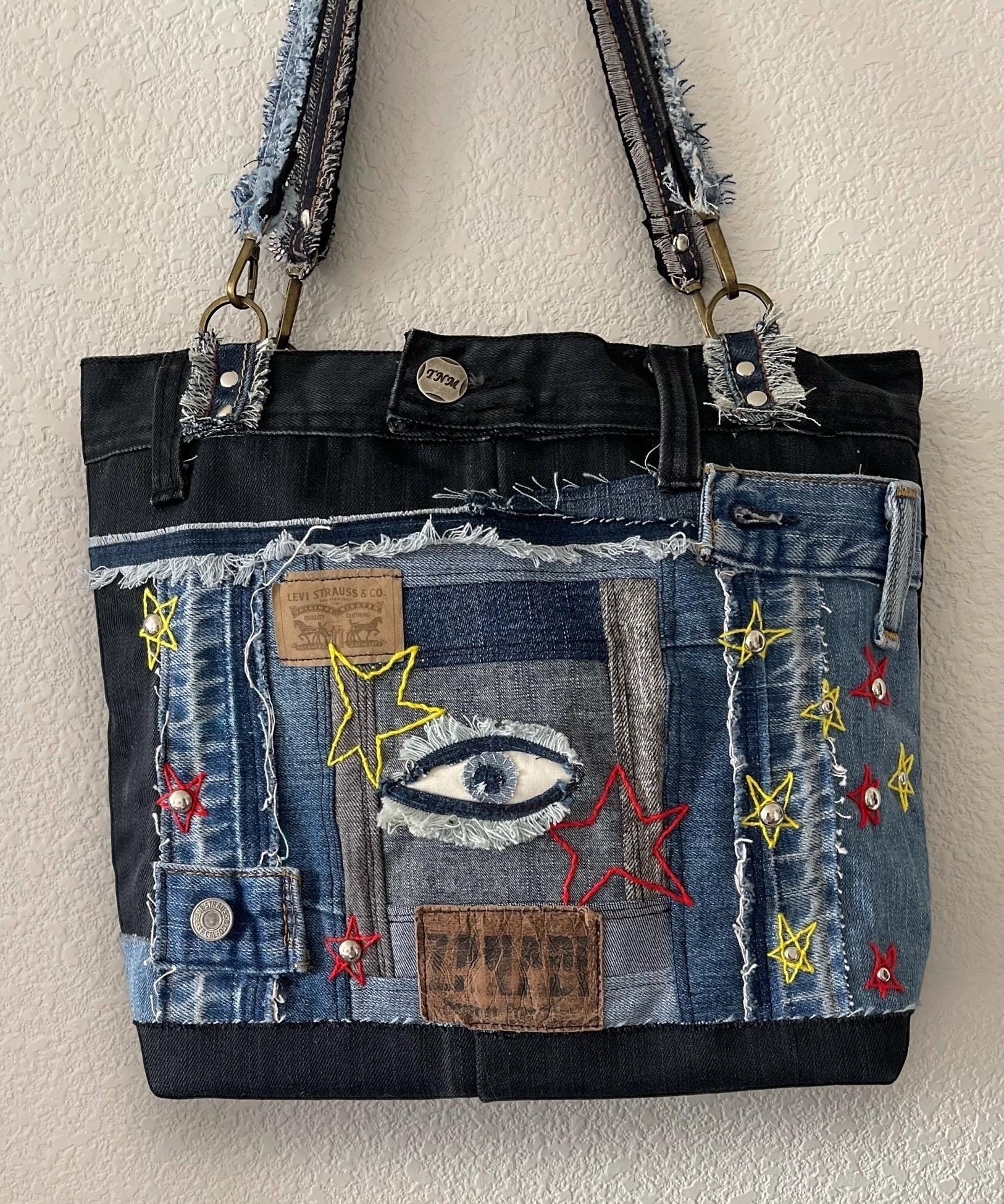 Denim patchwork shoulder bag-tote bag upcycled jeans boho bag