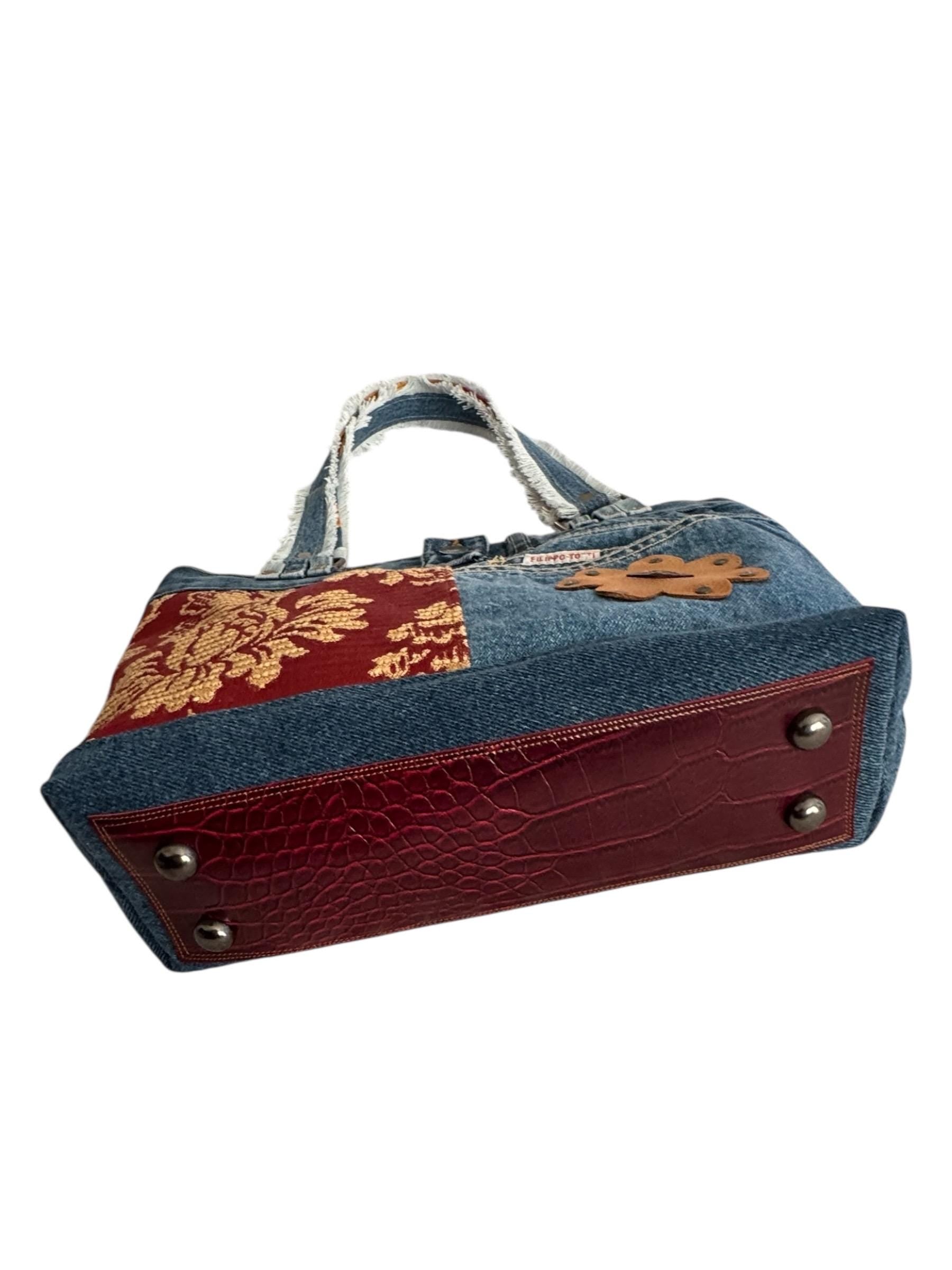 Upcycled Denim Patchwork Shoulder Bag | Leather Bottom Boho Tote Purse