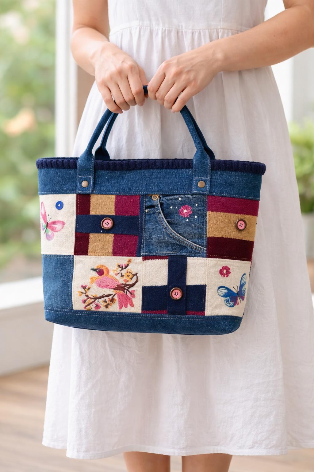 Handmade Denim Patchwork Tote Bag, Embroidered Bird, Upcycled Jean Boho Bag