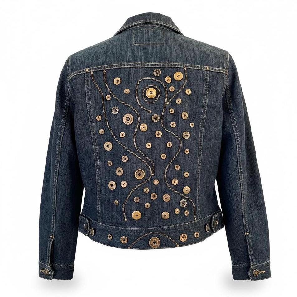 Upcycled Denim Jacket – One-of-a-Kind Wearable Art with Button & Zipper Design | Size Large