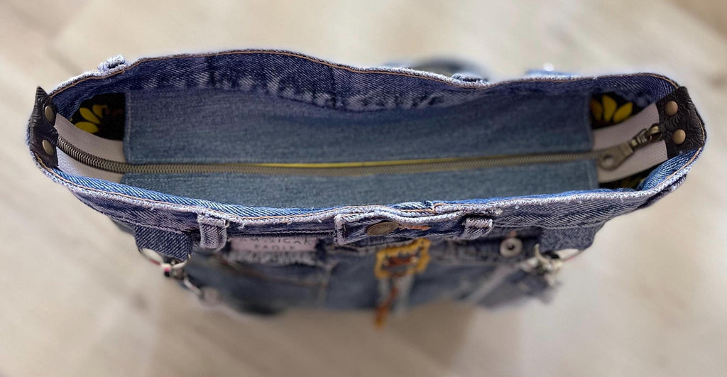 Denim Tote Hand embroidery patchwork shoulder bag-Sashiko inspired one of a kind