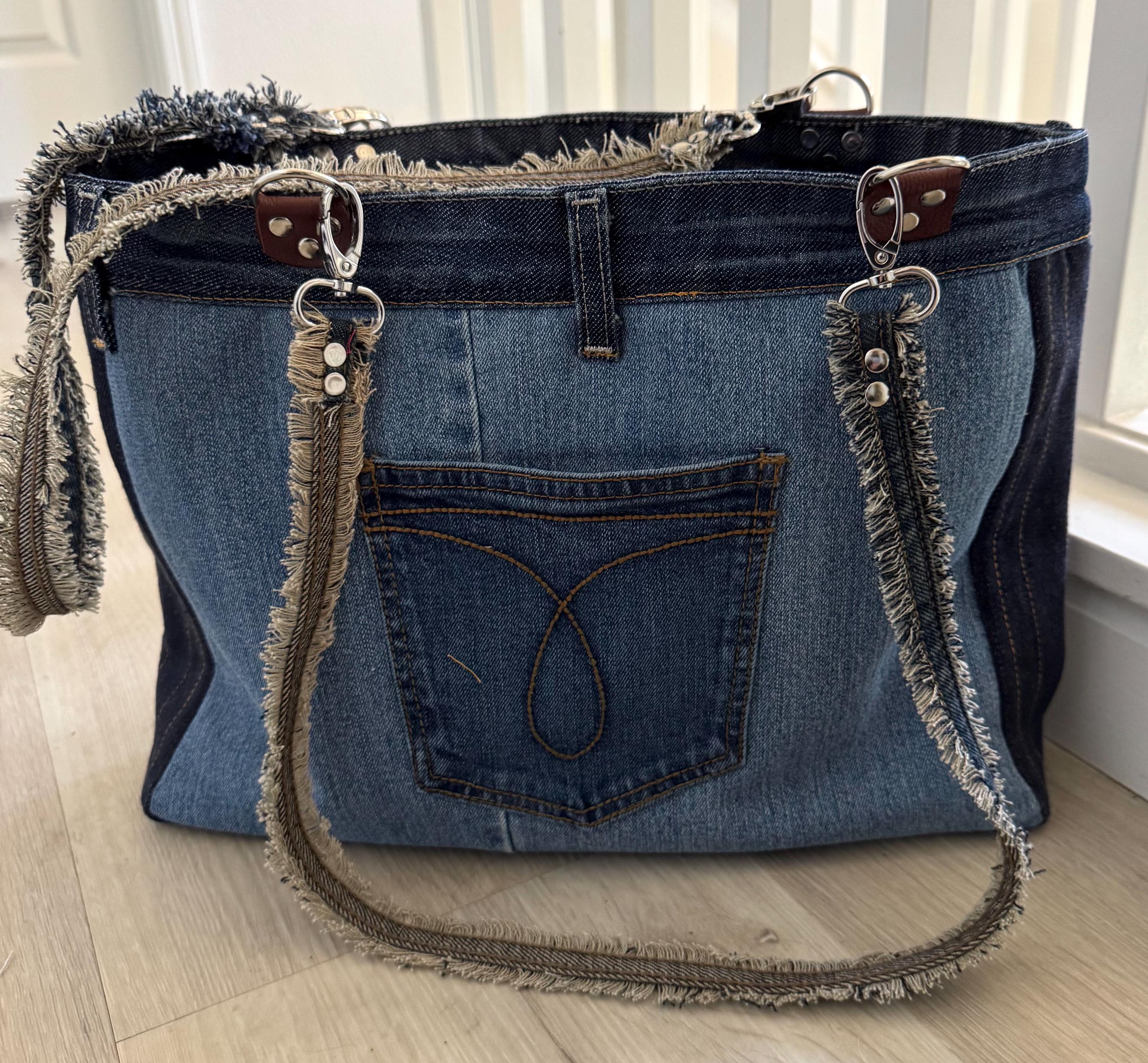 Embroidered Floral Denim Shoulder Bag: Upcycled Patchwork Tote