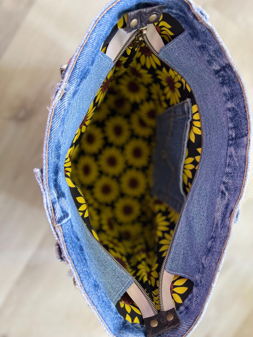 Denim Tote Hand embroidery patchwork shoulder bag-Sashiko inspired one of a kind